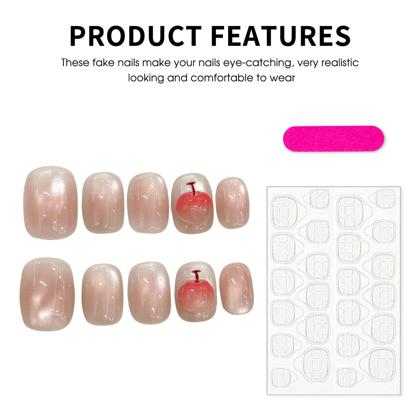 10 Uds. De uñas postizas redondas cortas pintadas a mano en 3D con forma de manzana, color rosa, ojo de gato brillante, uñas postizas hechas a mano pequeñas y frescas