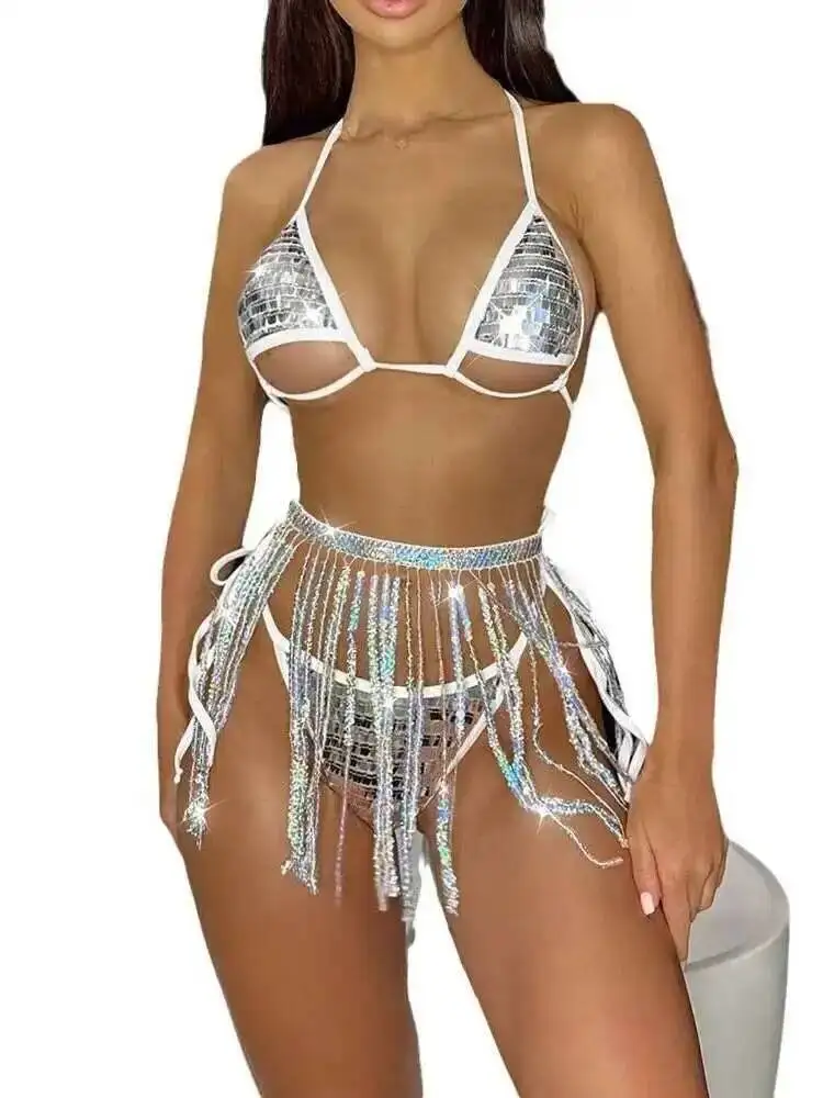 Nouveau maillot de bain trois pièces ensemble Sexy jupe à franges creuses Performance bretelles Bikini ensemble de printemps chaud charmant doux ludique PLFH