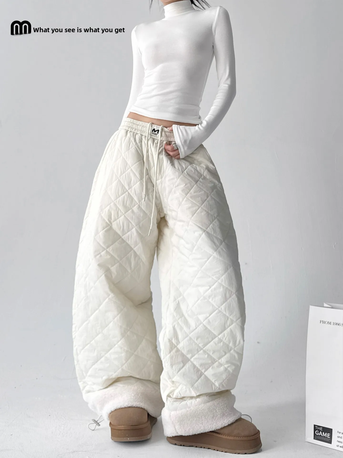 

Winter 2025 New Sle Women's High Waist Wide Leg Pants Thermal Commute Diamond Pattern Cotton Filled Trousers for Ladies
