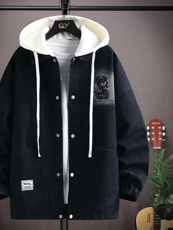 

Ретро-кэжуал джинсовая куртка мужская свободного кроя в американском стиле, модная черная куртка с капюшоном, весенне-осенняя молодежная куртка из смесового хлопка и полиэстера