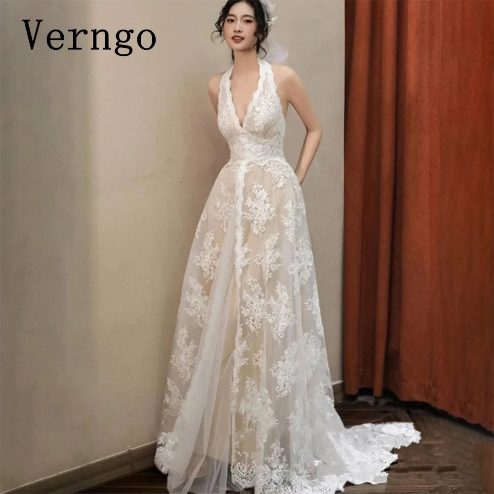 Verngo Halter A Line Wedding Dress Vintage Lace Bridal Gown Elegant Backless Wedding Party Dress Romatic Prom Gown