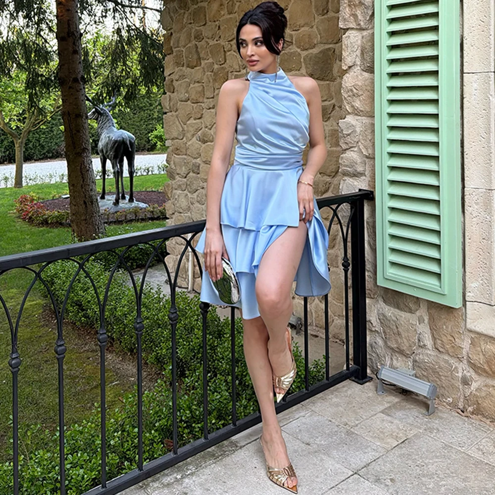 

Luxury High Collar Evening Dress Fashion Sleeveless Homecoming Dresses Delicate Blue Satin Customized Special Occasion Gowns