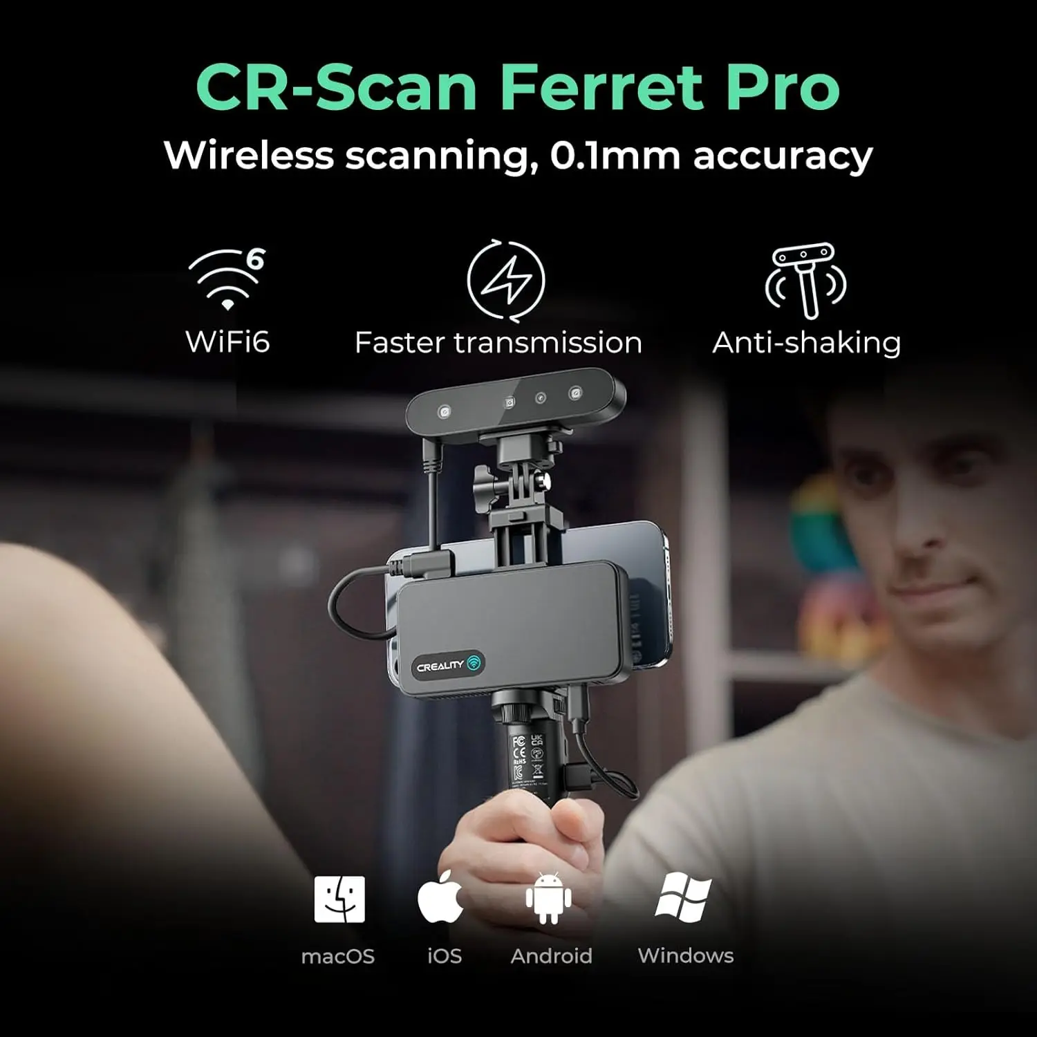 Creality Ferret Pro 3D Scanner Portable Handheld Anti-shake Tracking 0.1mm Accuracy Wireless Scanning 24-bit Color Scanner