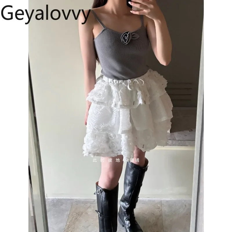 

Японская летняя новая многослойная трехмерная кружевная мини-юбка с цветочным принтом, милые универсальные белые пышные короткие юбки для девочек