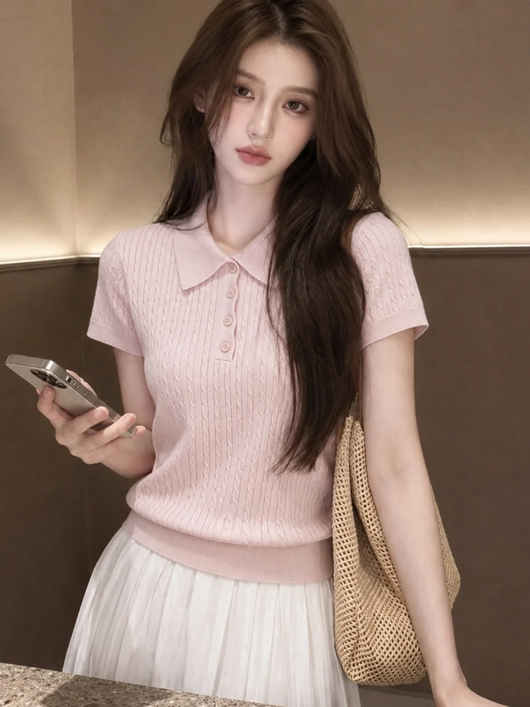 

Gentle Korean Style Neck Ice Silk Knitted Shirt Short Sleeve Pure Color Versatile Women's Summer New Arrival Fashion Top