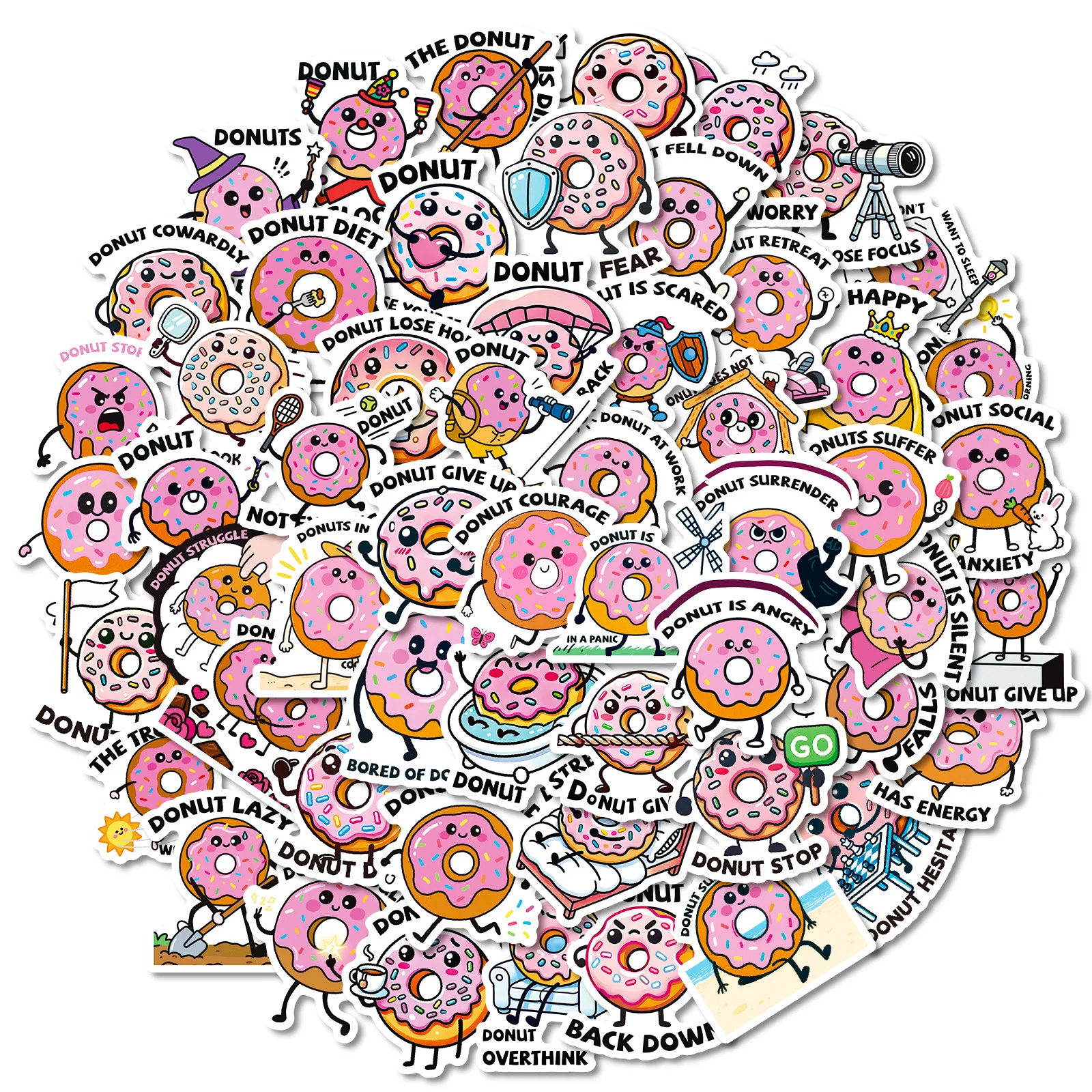 

10/30/56PCS Cute Doughnut Texts Cartoon Creative Graffiti Stickers Decoration Notebook Phone Guitar Skateboard Waterproof Sticke