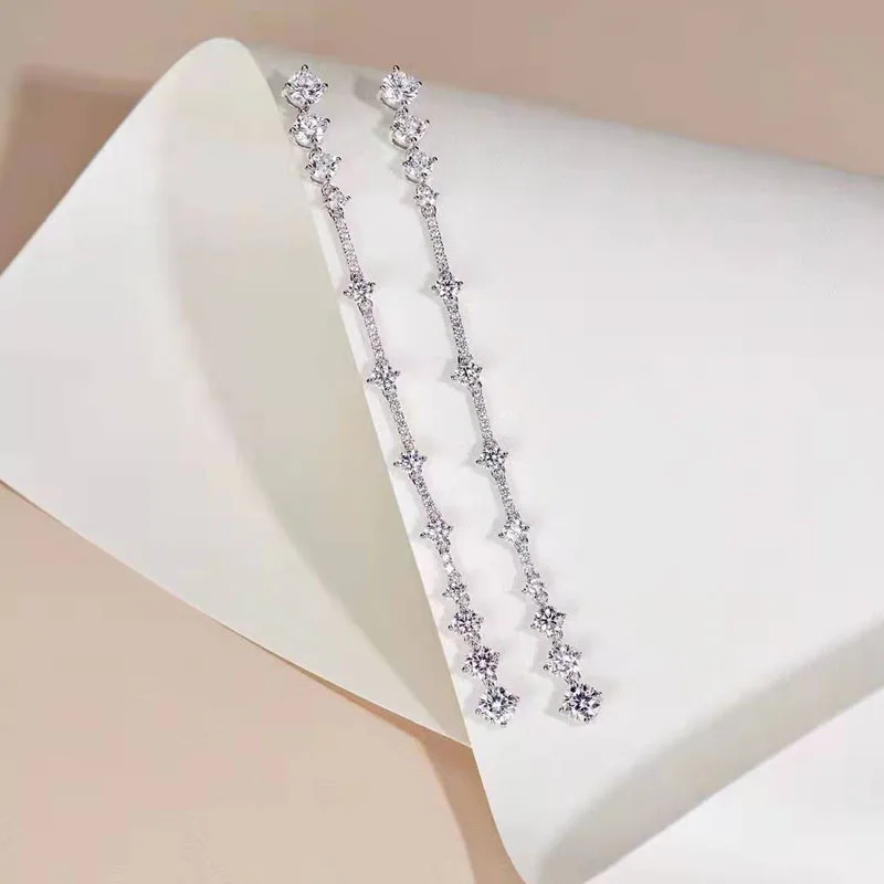 Silver Needle Long Dangle Drop Earrings for Women Cubic Zircon Crystal Wedding Female Tassel Earrings