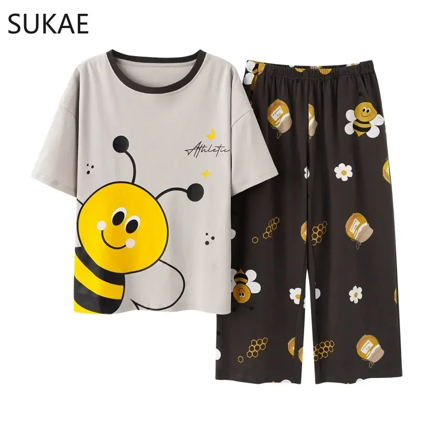 Kawaii Bee Printing Calf-length Pants Pajamas Set for Woman Summer Short Cotton Capris Sleepwear for Girl Chic Women Loungewear