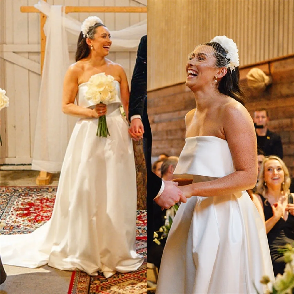 تخصيص جودة عالية فستان الزفاف الساتان الأبيض رائعة حمالة قبالة الكتف أكمام قطار مصلى ثوب الزفاف