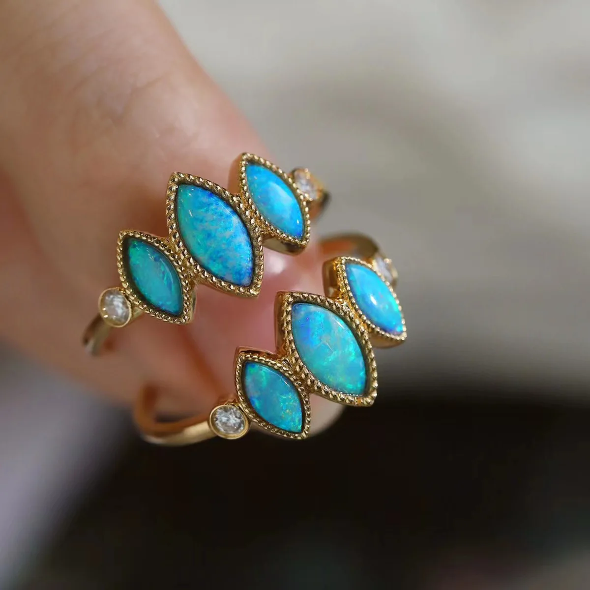 

High End 925 Silver Marquoise Natural Australian Opal Finger Band For Women Yellow Gold Three Stone Trilogy Rings Fine Jewelry