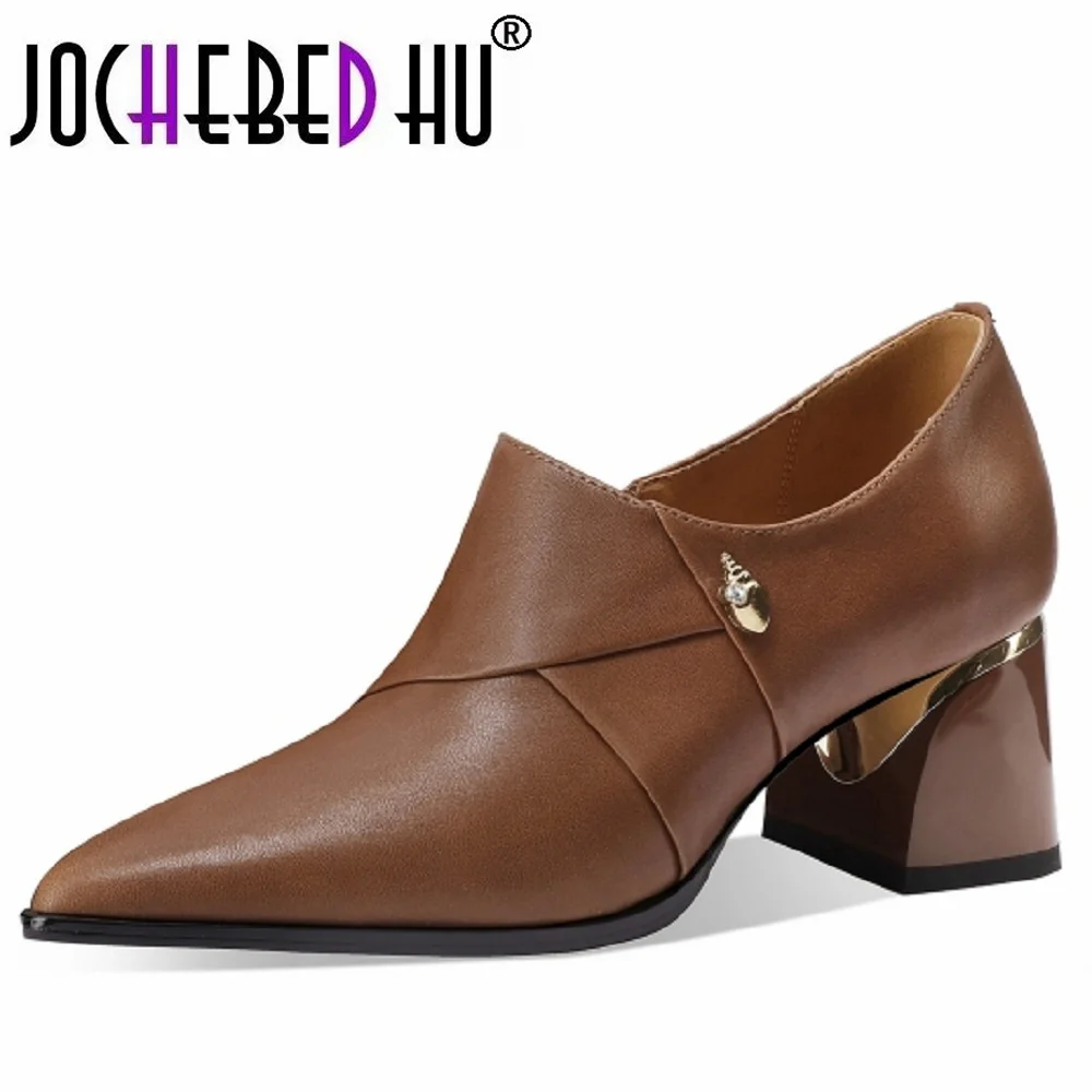 

【JOCHEBED HU】Women Handmade Genuine Leather Pointed Toe High Heel Shoes Lady Classic Office Pumps Sapatos Femininas 33-43