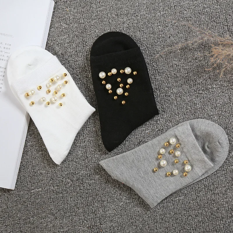 Fashion Women Solid Color Casual Socks w/ Pearls Decoration Ladies Short Cotton Socks