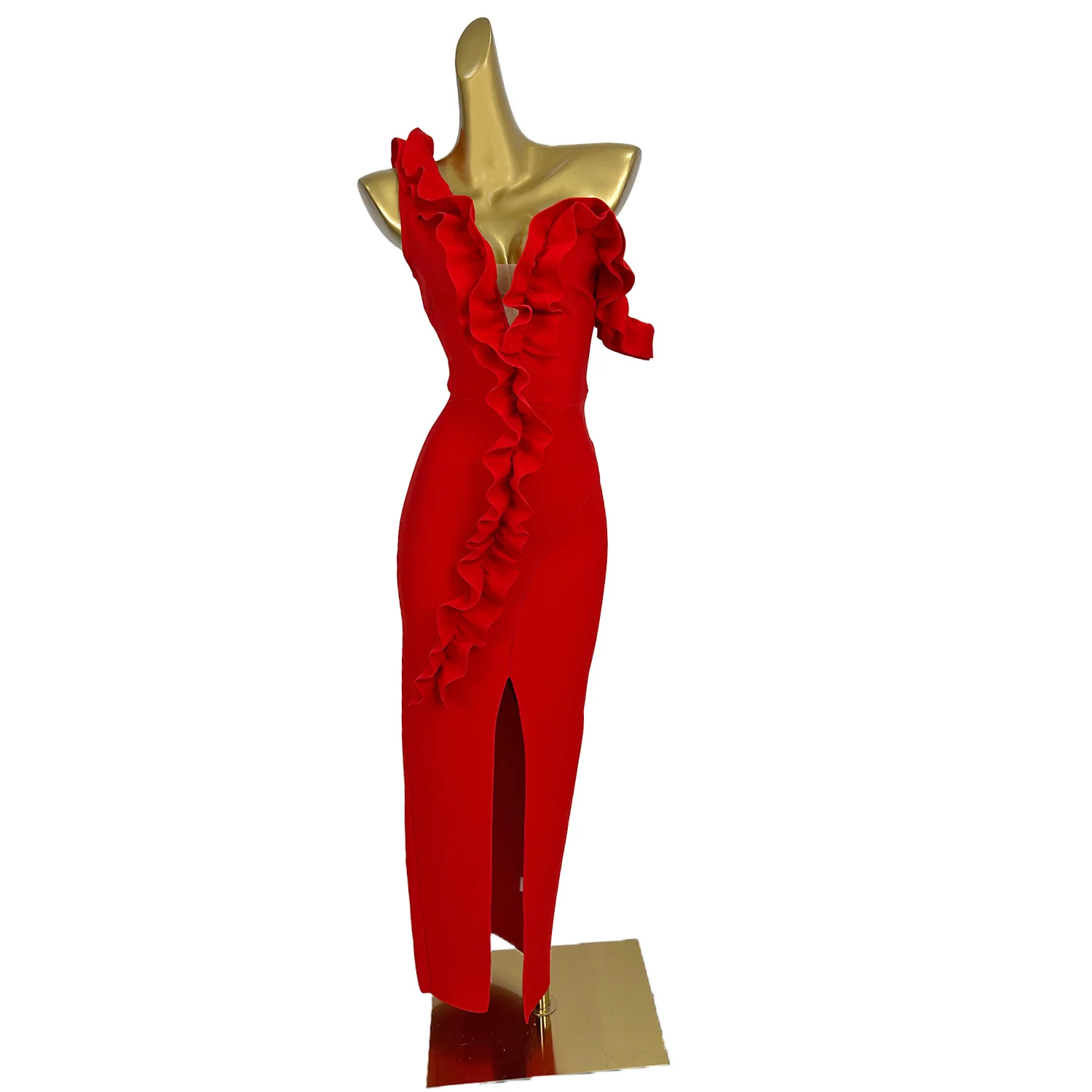 

Fashion Temperament Bandage Dress Red Fungus Edge off Shoulder Slit Long Dress Afternoon Tea Family Gathering Dress KE1202