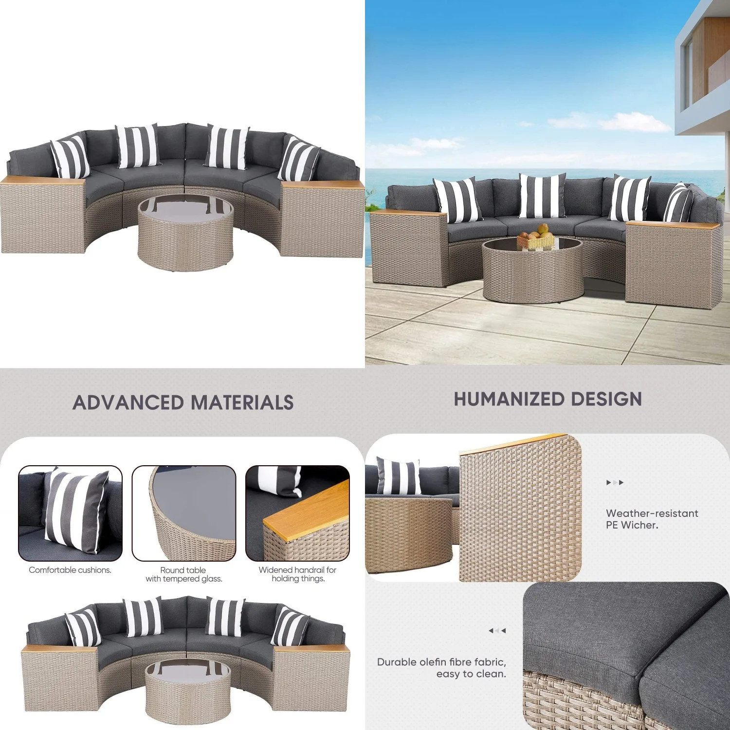 

5pc Half Moon Wicker Sectional Sofa Outdoor Set with Glass Coffee Table Patio Garden Backyard Pool, Customized