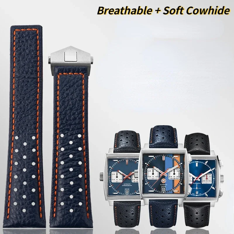 حزام ساعة من الجلد قابل للتنفس مع مشبك قابل للطي ، حزام من جلد البقر مطبوع ليتشي ، سوار رجالي ، علامة لـ Heuer ، MONACO ، CARRERA CAW211R/P ، 22