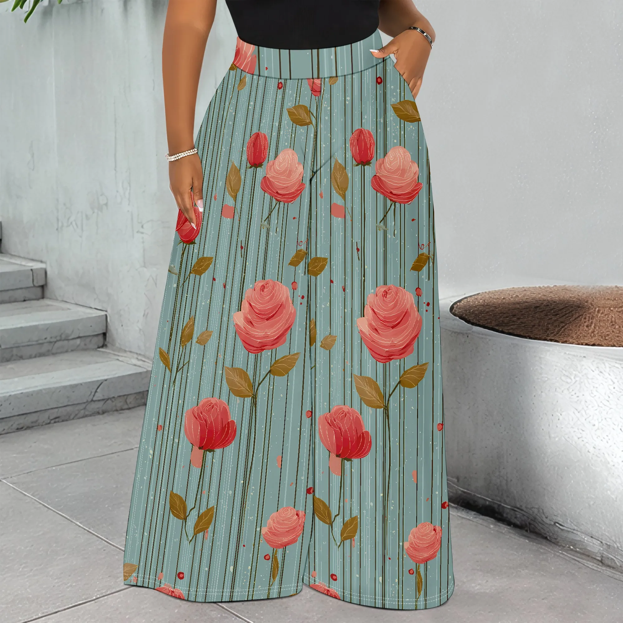 Floral Print, Wide Leg Pants, Rose Pattern Trousers, Pocket Design Culottes, Casual Wear for Women, S-2XL