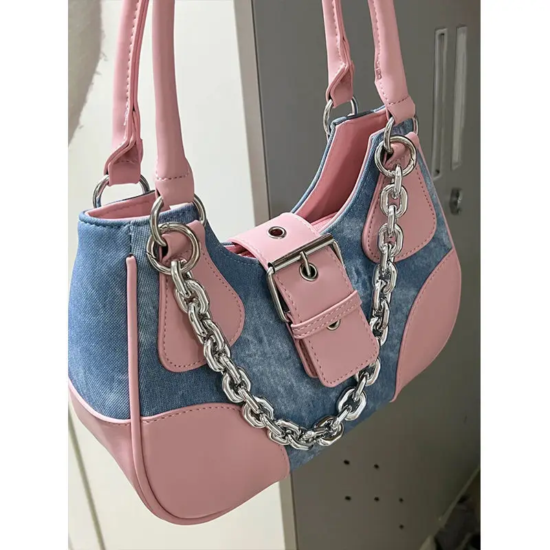 Imagem -05 - Bolsa de Ombro Rosa Y2k para Mulher Bolsa Tiracolo Gótica Estilo Motor de Corrente Jeans Grande Capacidade Designer de Luxo Garota Legal Nova