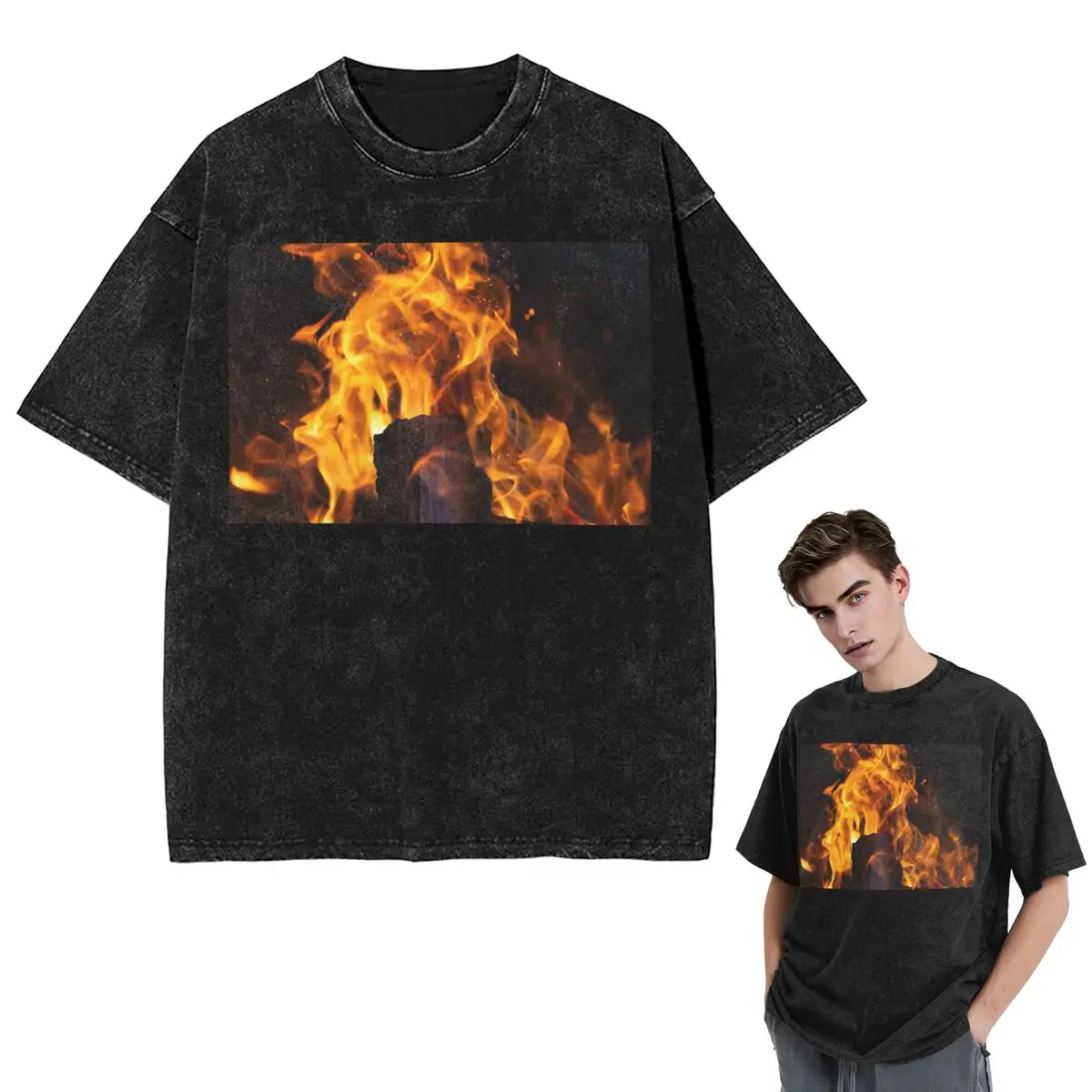 

Streetwear T-Shirts Burning Fire With Sparks Washed T Shirt Short Sleeve Hip Hop T-Shirt Tops Tees for Men Women