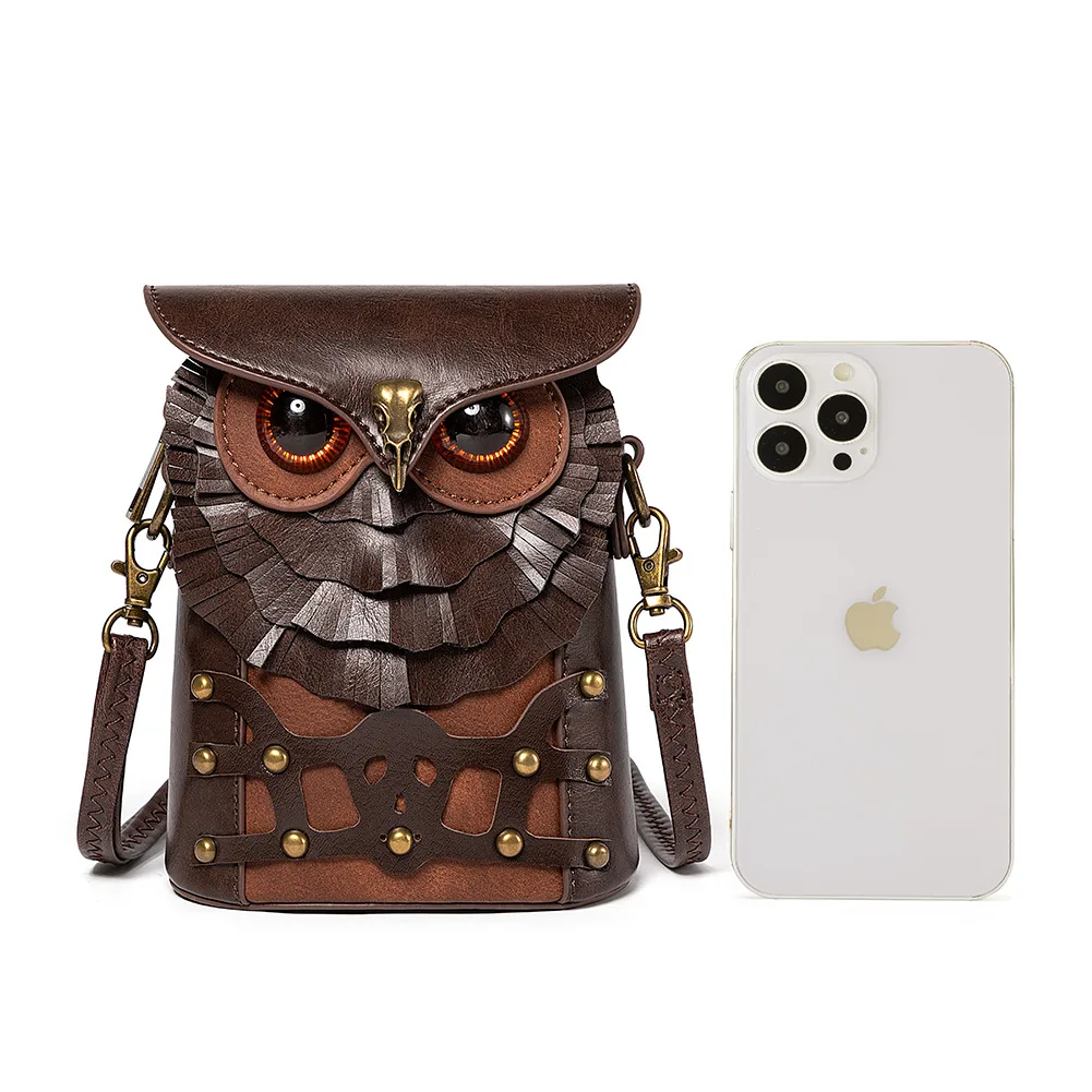 Cool Steampunk Women\'s Shoulder Bag Fashion Owl Purses Mini Cross Bag Mobile Phone Bag Pendant Ladies Zipper Mini Messenger Bag