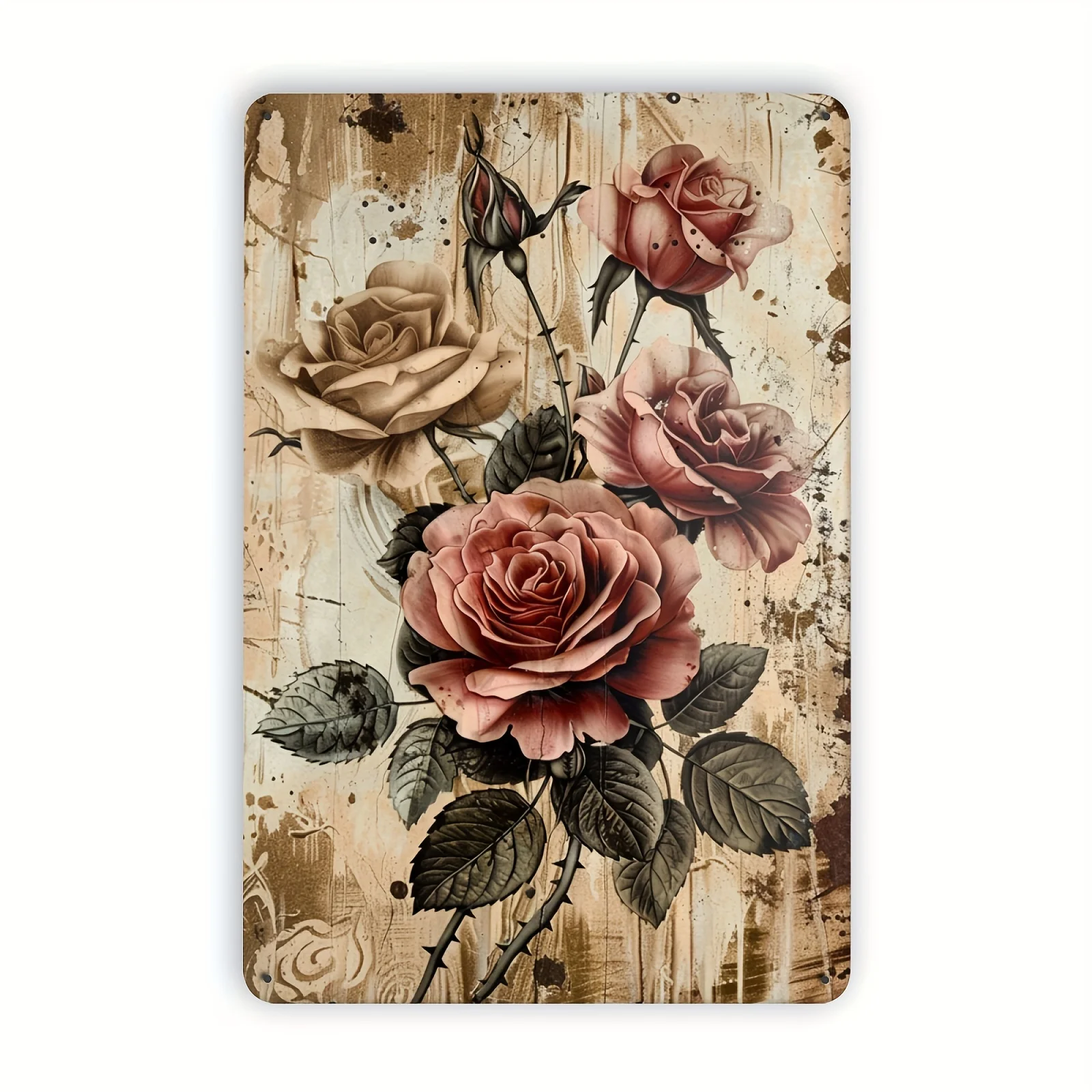 Retro Floral Metal Wall Art, 2D Flat Rose Tin Sign, Vintage Foil Engraved Iron Decor for Home Cafe Living Room, 8x12 Inch