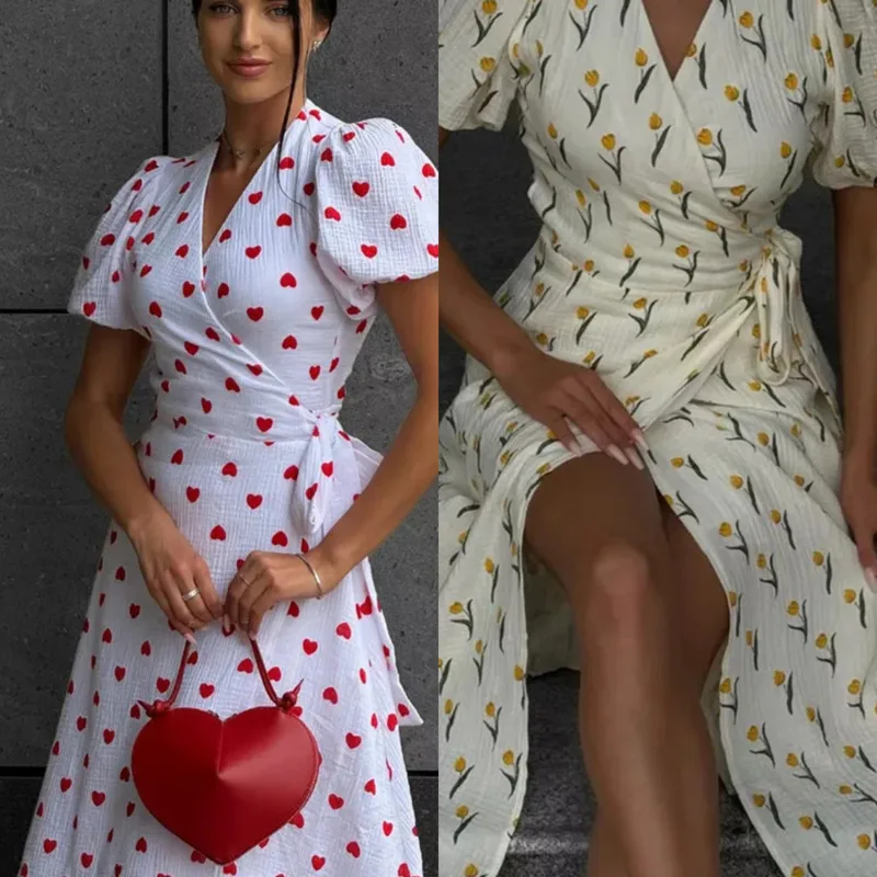 

Women Cotton Floral Wrap Midi Dress Puff Sleeve V Neck A Line Dress Side Slit Summer Muslin Dress Casual Holiday Party Wear Chic