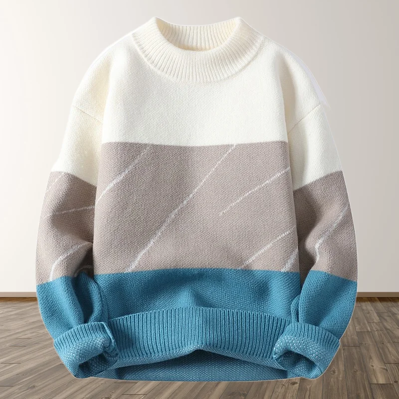 GIOIO men's sweater, round neck color matching casual knit sweater, autumn and winter warm bottoming pullover