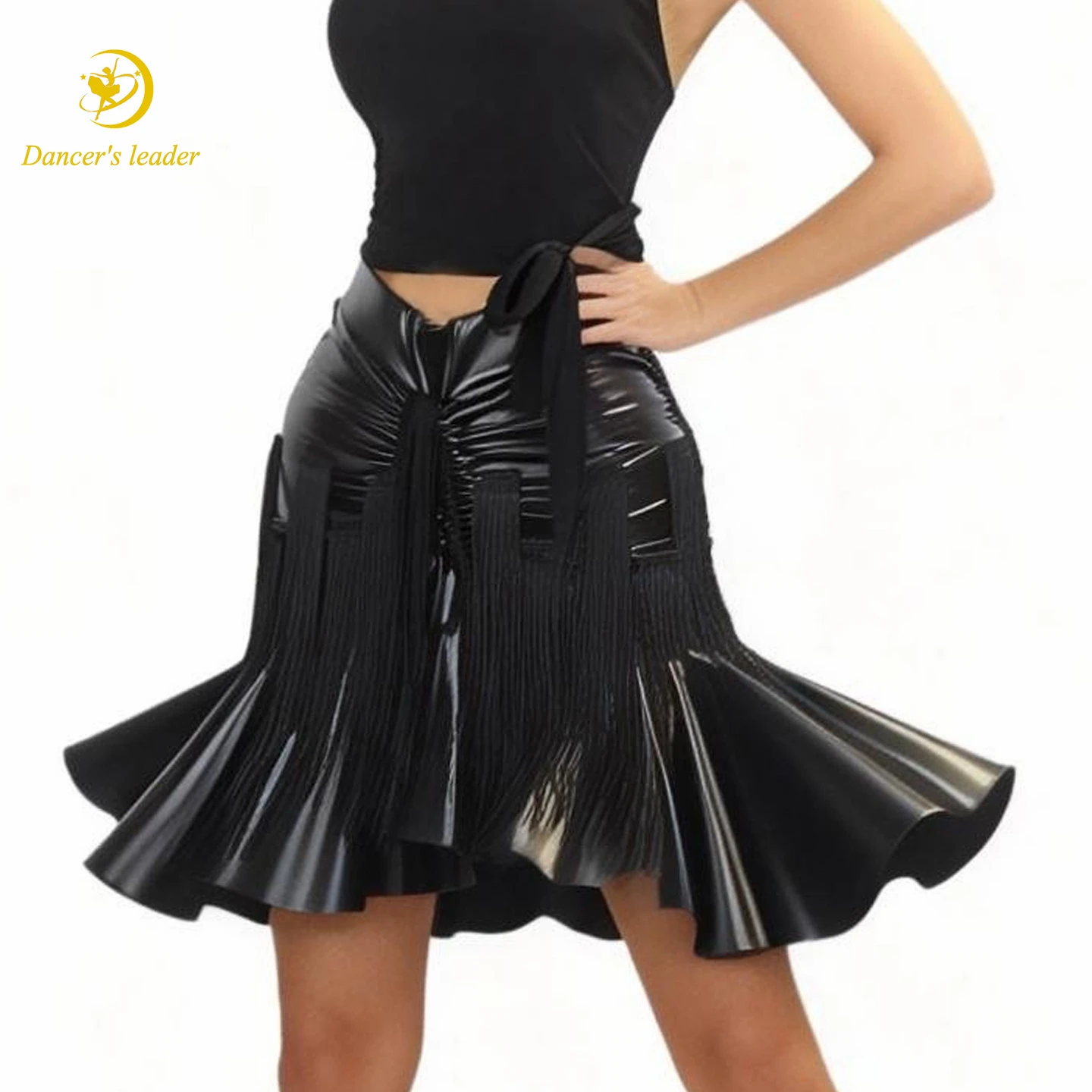 

Latin Dance Adult Dress, High-End Black Pool Tango Women's Professional Clothing, Faux Leather Half Body Tassel Skirt