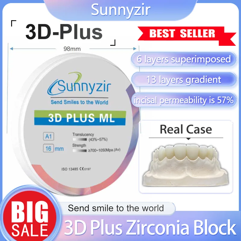 Sunnyzir 98*25mm 3D plus Multi Zirconia Block 6 layers ball gown for Porcelain Teeth Ceramics Material Dental Zrconium Blank