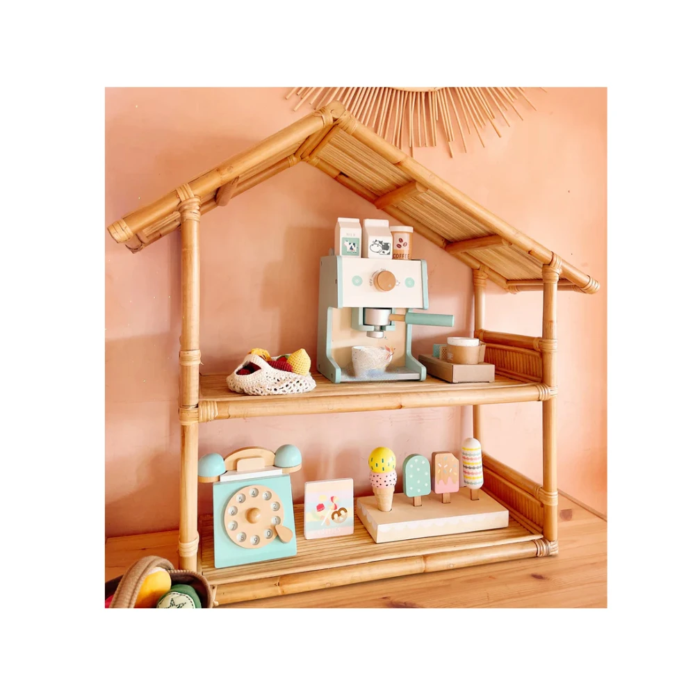 Eco Friendly Children Wicker Handmade Kids Rattan Doll House Play House Furniture Bookcase Room Decor