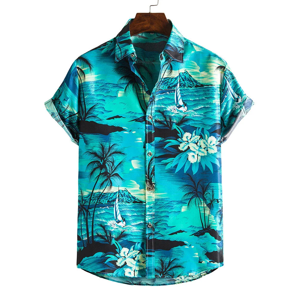 Camisa de coco havaiana masculina estampada, camisa de manga curta, plus size, floral colorida, moda casual, férias, streetwear