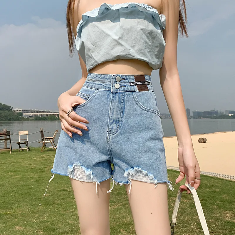 2023 Summer American Simple Denim Shorts Women\'s New Summer High Waist Loose A-line Slim Wide Leg Fur Hem Pants