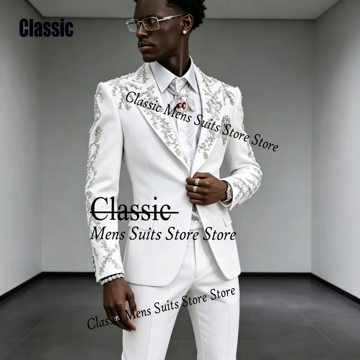 

Elegant Jewelry Crystal Men Suits 2 Pieces Sets Male Party Blazers Customized Groom Wedding Tuxedos Slim Gem trajes para hombre