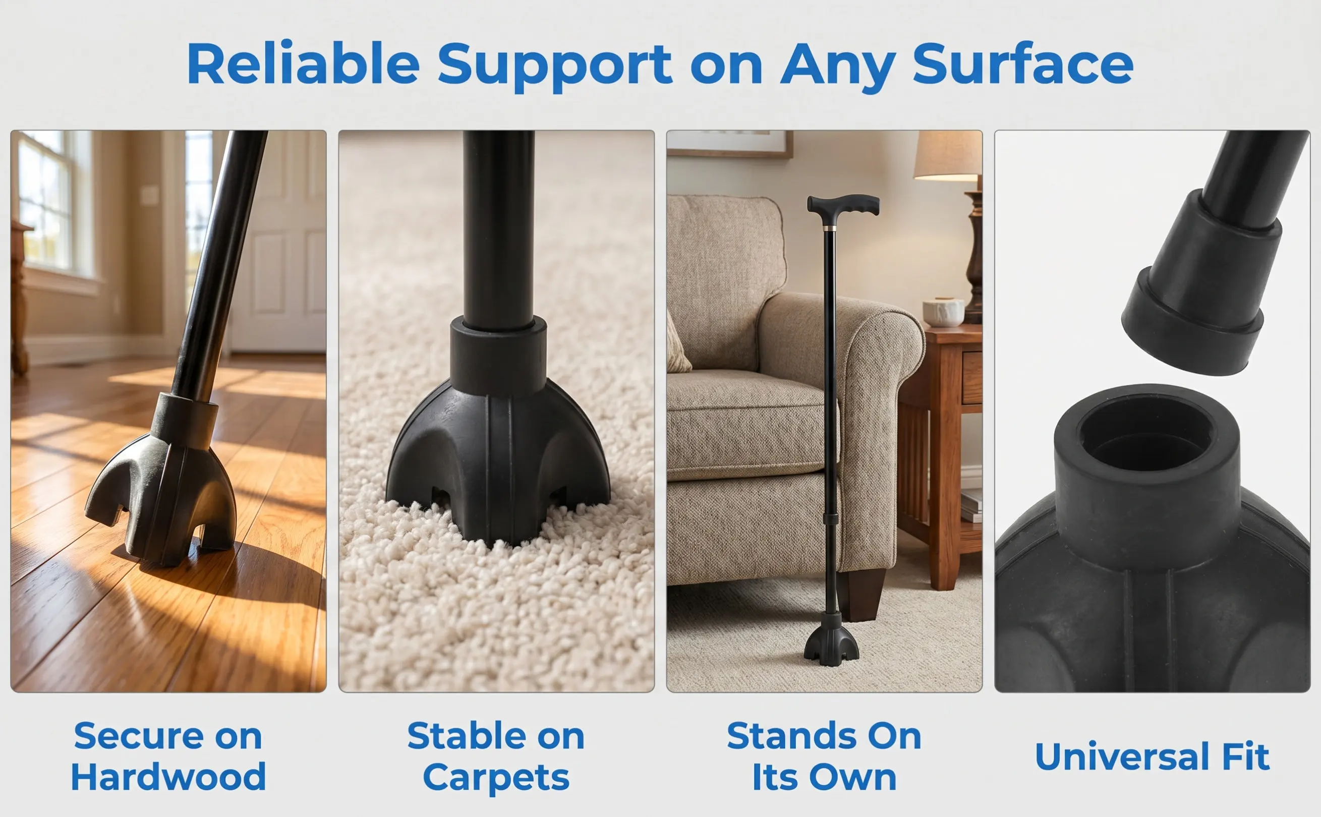 4Pcs Elderly Cane Tips Non Skid Rubber Replacement Walking Stick Accessories Self Standing Quad Foot Base Heavy Duty Stability