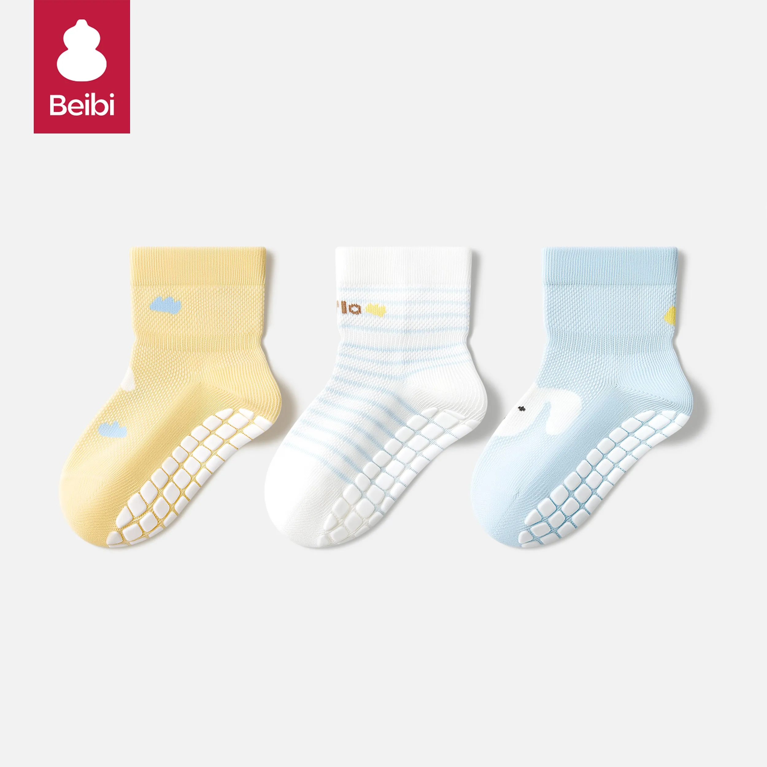 

Beibi 3-pair glue-dotted non-slip mid-calf socks, with cartoon animal print, suitable for summer, for children aged 0-6 years