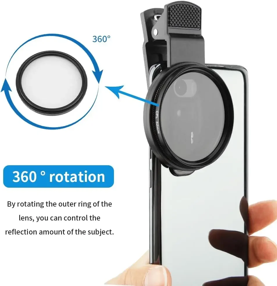 MINI 52mmクリップ式スマホフィルターホルダーマウントカメラ広角フィルターレンズ偏光ユニバーサルポータブルCPLフィルターレンズキット iPhone用
