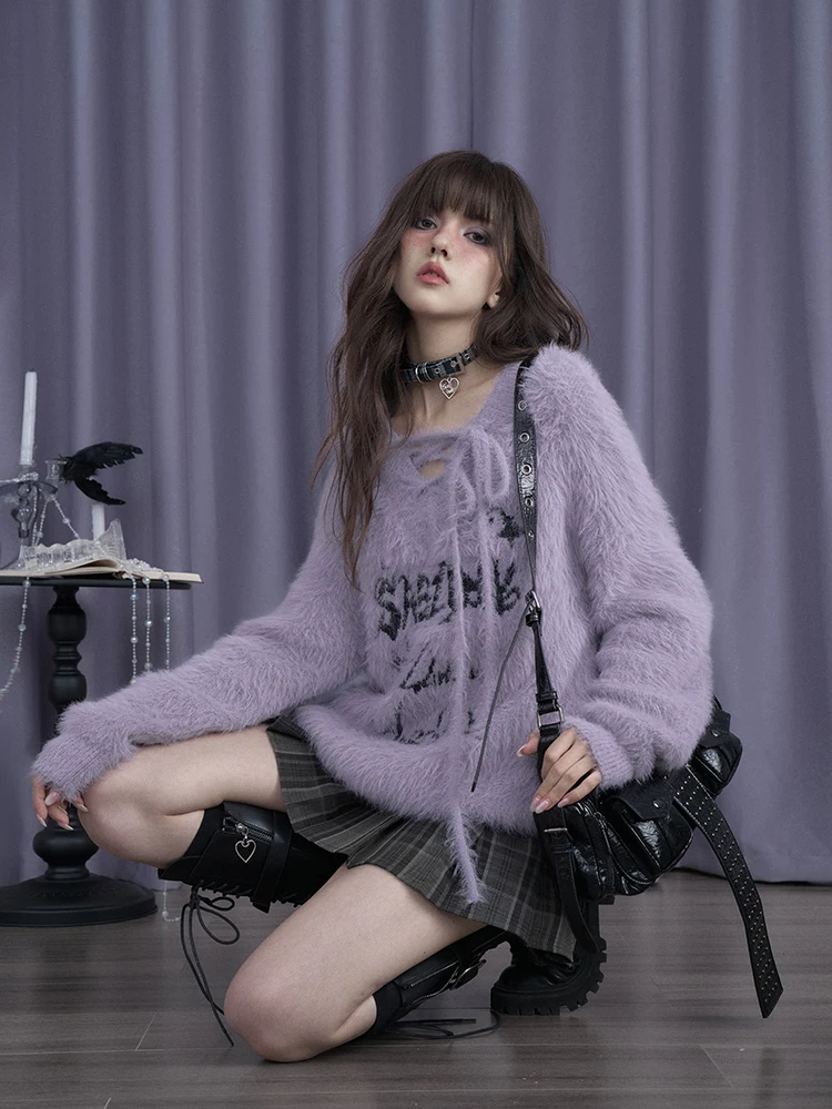 

SagiDolls Мотивационный пушистый фиолетовый кролик для девочек, крутой милый свободный теплый вязаный свитер с v-образным вырезом, зимний модный женский вязаный...