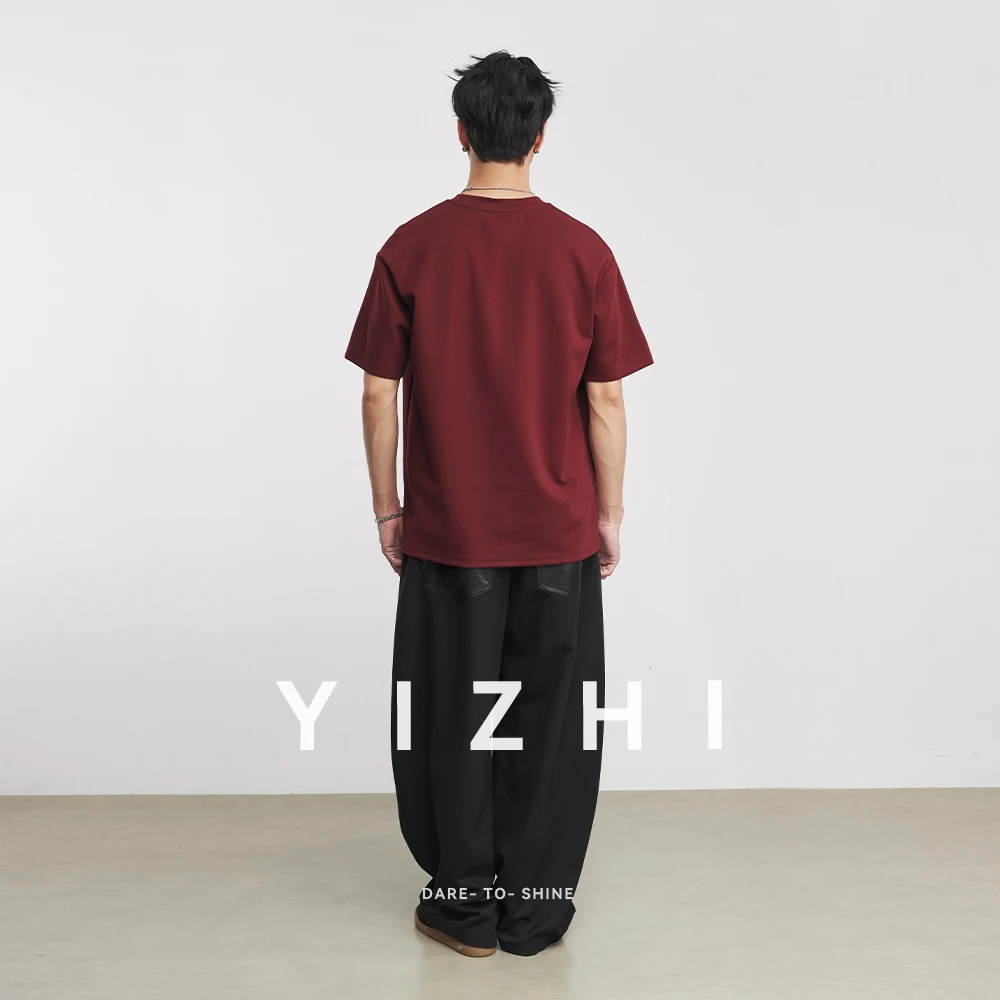 Men's Heavyweight 280g 2026 Summer New Cotton Solid Color Short Sleeve T-Shirt Crew Neck Triangle Label All-match Minimalist Tee