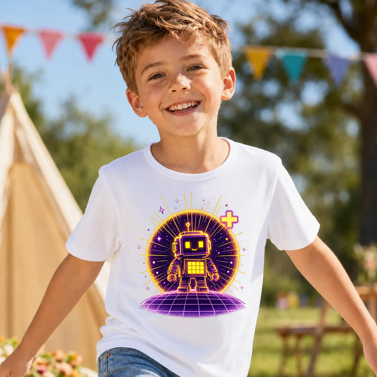 Boys Neon Pixel Robot T-shirt Kids Summer Cotton Short Sleeve Retro Space Cartoon Graphic Casual Tee
