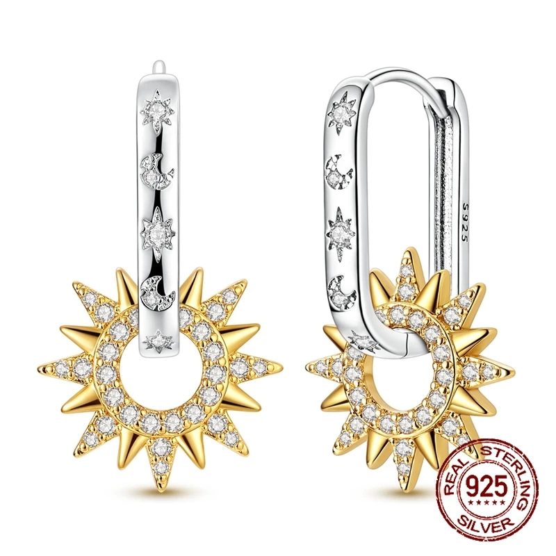 925 Sterling Silver Two-Tone Sun & Star Moon Paperclip Hoop Earrings CZ Drop Earrings Minimalist Jewelry Gift for Women Girls