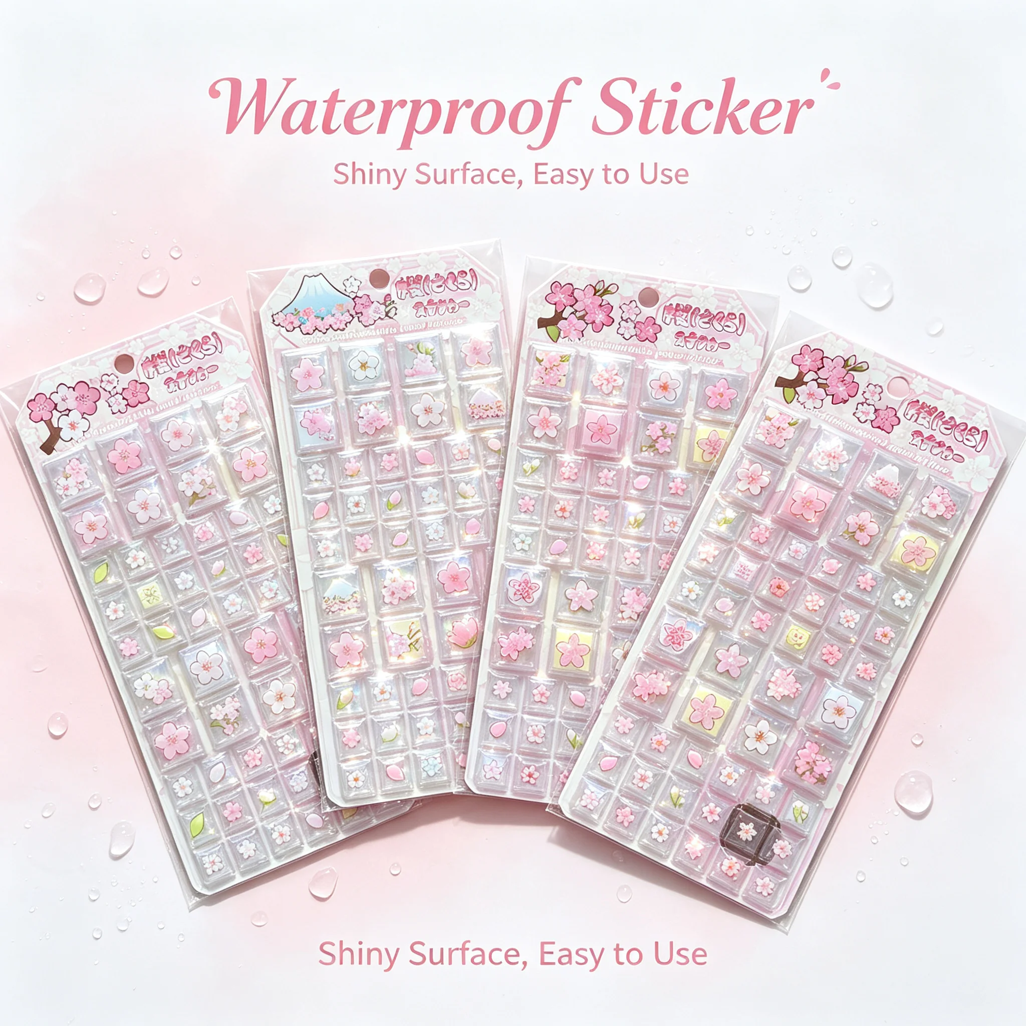 4Sheets 3D Sakura Puffy Stickers Cute Square Cherry Blossom Self-Adhesive Foam Stickers for Journal Scrapbook DIY