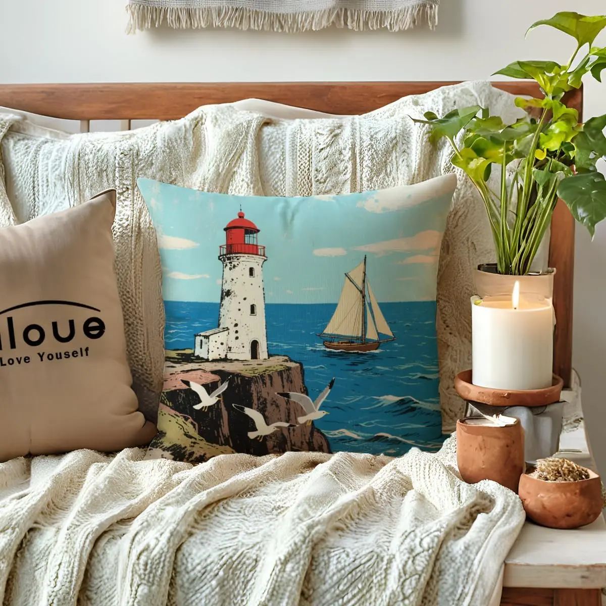 Coastal Beach Nautical Throw Pillow Covers Set of 4 Ocean Seascape Lighthouse Summer Home Decor Cushions Pillow Accent for Livin