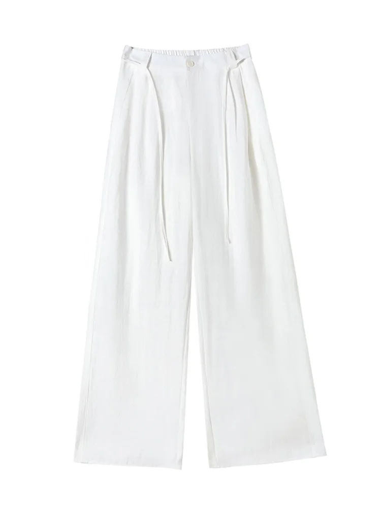 กางเกงขายาวผ้าลินินสีกากีทรงหลวมเอวสูงสำหรับผู้หญิงใส่สบายช่วงฤดูร้อน ผ้าไหมน้ำแข็งผสมผ้าฝ้ายลินิน  แบบลำลอง  ยาวคลุมเท้า