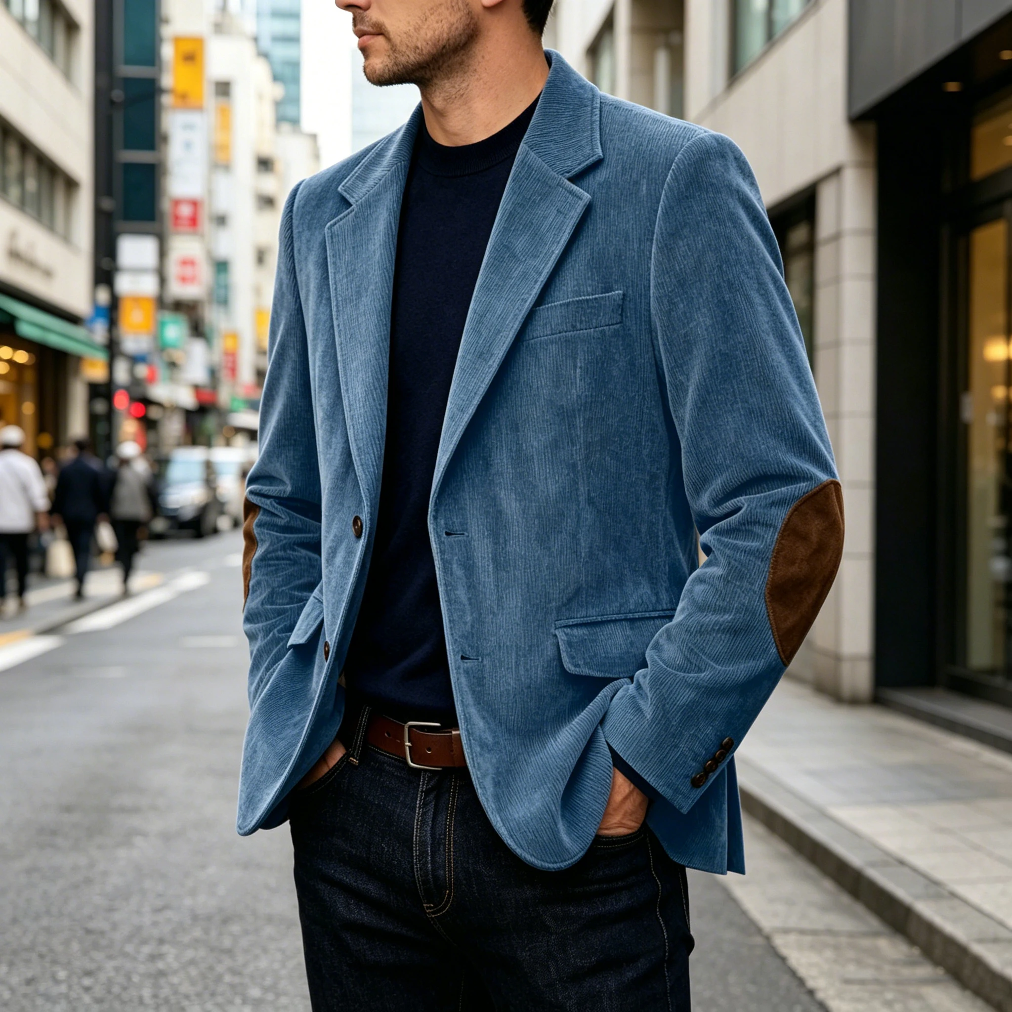Vintage Men's Corduroy Blazer with Elbow Patches Slim Fit Business Casual Suit Jacket Notched Lapel 2 Button Sport Coat for Men