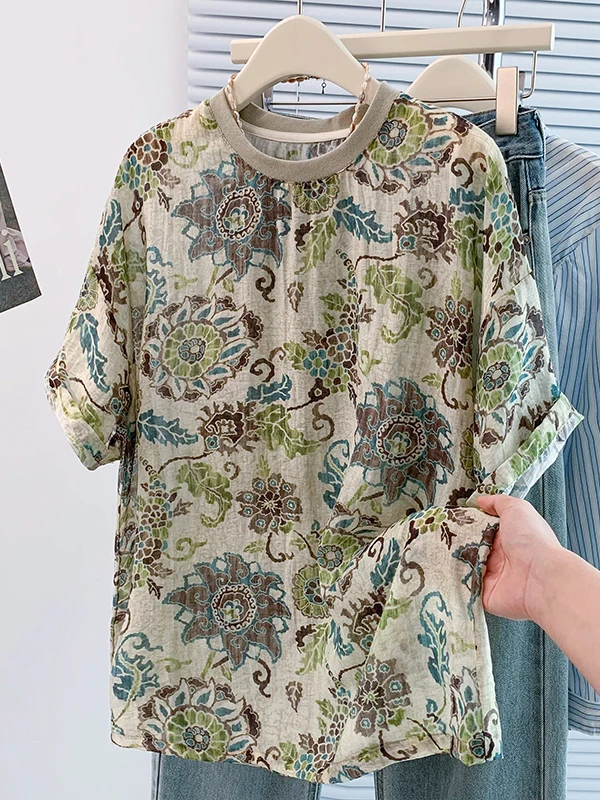 

Retro Print Loose Casual Cotton ort Sve T-irt Women Summer Loose Thin Lazy Sle Super Beautiful Top round Ne