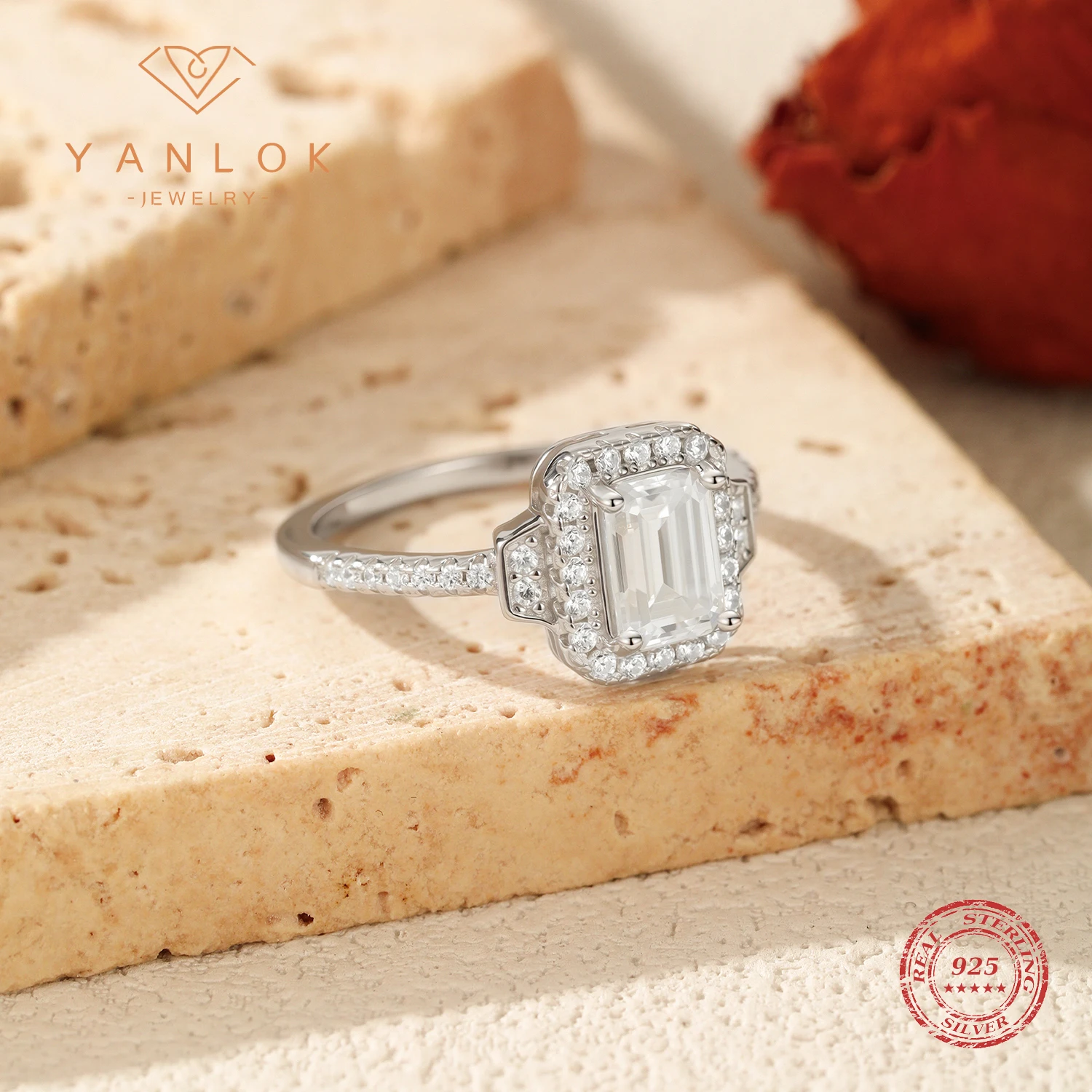 YANLOK 925 Sterling Silver Elegant Emerald Cut Moissanite Rings Fashion Rectangle Finger Rings For Women Wedding Fine Jewelry