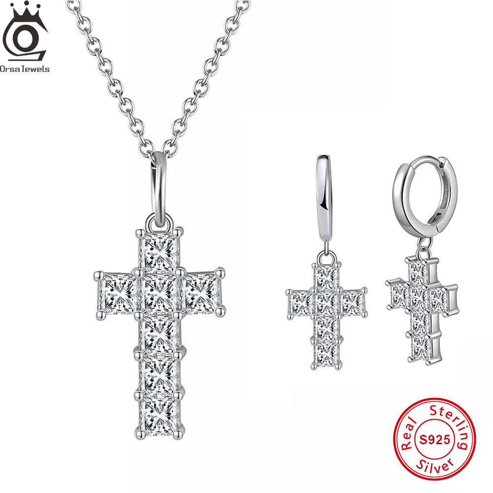 

ORSA JEWELS Fashion Cross Pendant Necklace Chain Drop Earrings Soild 925 Sterling Silver Clear CZ Wedding Jewelry Set Gift LZE13