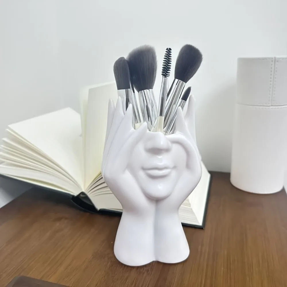 Human Face Hand Shaped Pen Holder Multi-Functional Desk Vase for Pens Makeup Brushes Flowers Creative Artistic Home Office Decor