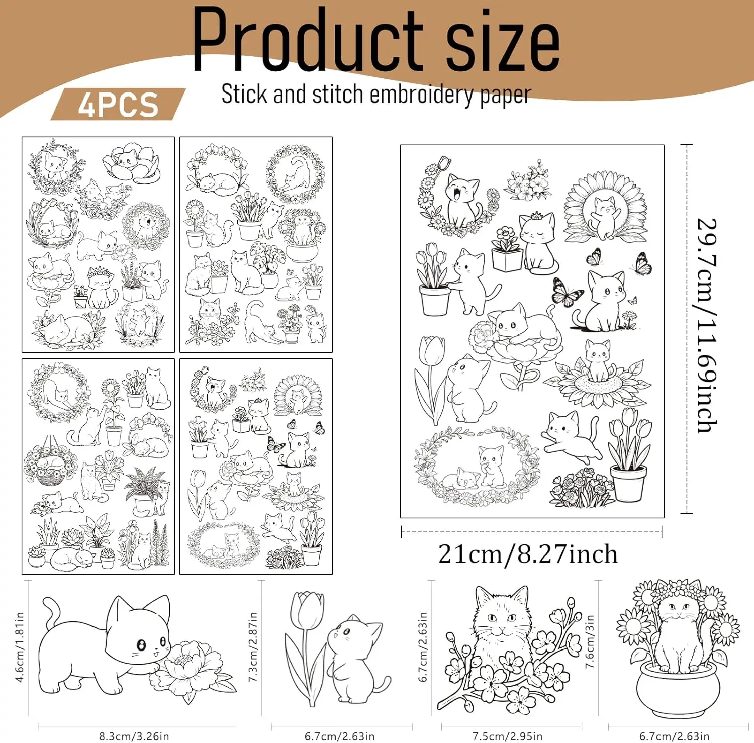 Cat Floral Water Soluble Embroidery Stabilizers, 4 Sheets Pre-Printed Stick & Stitch Transfer Paper for Hand Sewing Beginners