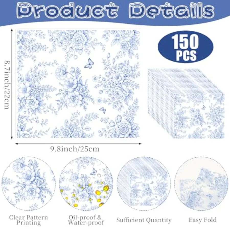 150pcs Blue Floral Wax Paper Sheet for Food Wrapping Chinoiserie Flower Greaseproof Sandwich Wrapping Paper for Picnic Basket L