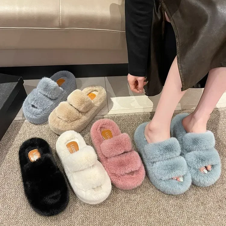 

2023 Autumn and Winter New 7 Cm Thick Bottom Outside To Wear Flat One Word Warm Fluffy Slippers Cotton Slippers Platform Boots